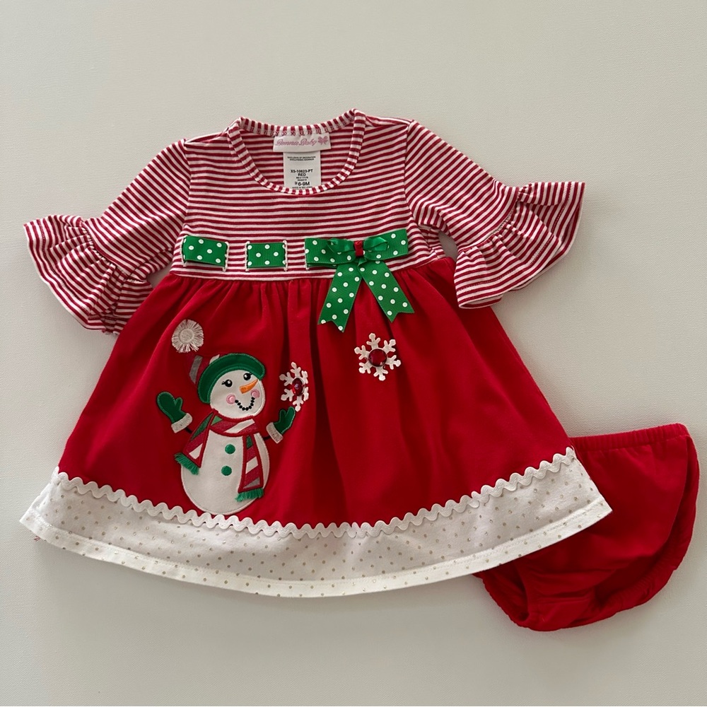 Bonnie Baby Girl 6-9 Months Holiday Christmas Dress Snowman Red Bow